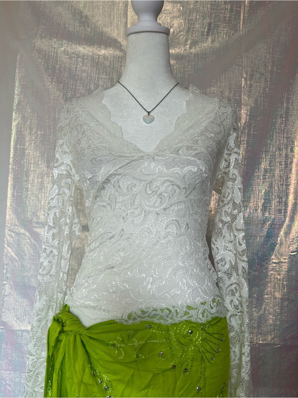 Edikted White Lace Long-Sleeve V-Neck Top with Bell Sleeves. Size XS.